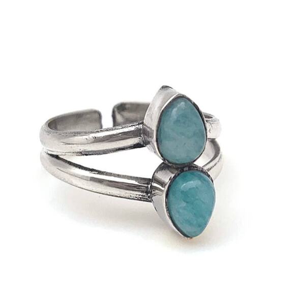 Tanvi Collection Adjustable Ring Silver Double Teardrop Amazonite - Picture 1 of 2